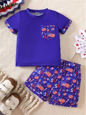 Children's Patriotic USA Flag Print Tee and Shorts Set